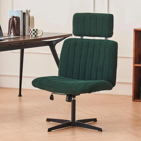 Wide Desk Chair with Headrest Armless Home Office Chairs Adjustable Swivel Criss Cross Leg Dark Green