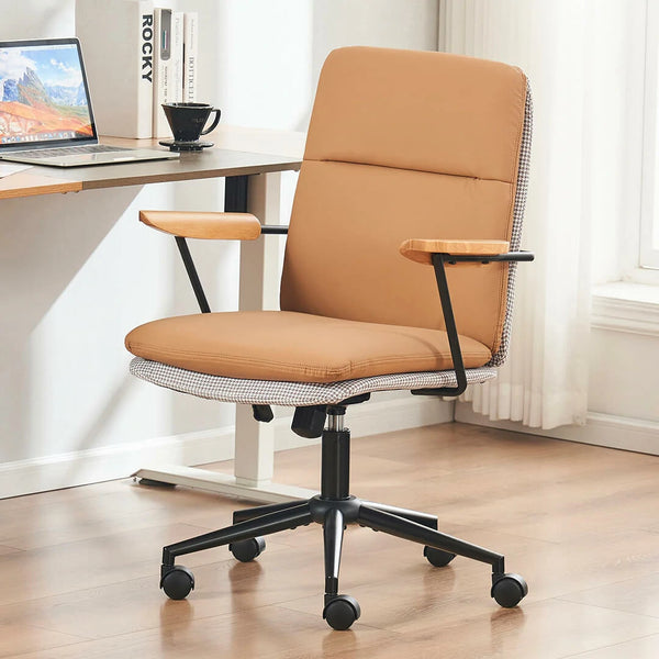 Leather Home Office Chair Double Cushions Adjustable Swivel Ergonomic Desk Chairs with Wooden Armrest