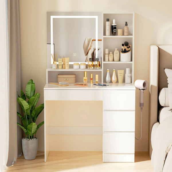 Vanity Desk with Mirror and LED Light power strip White Wood Makeup Vanity with 4 Large Drawers