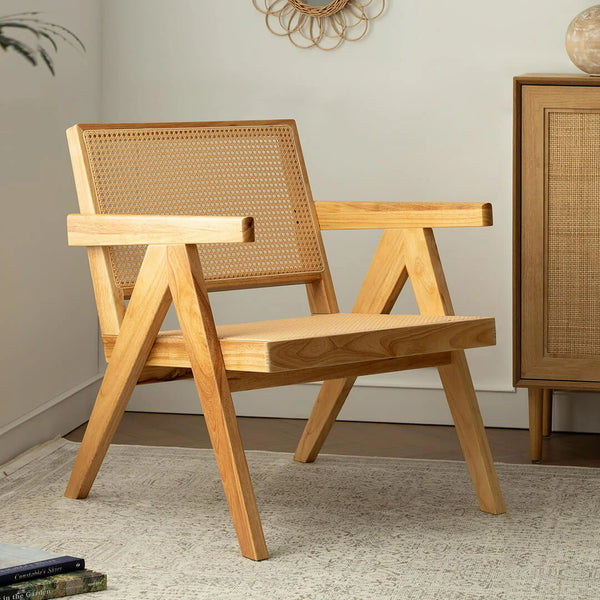 Rattan Armchair Boho Wood Armrest Dining Chairs for Living Room Kitchen