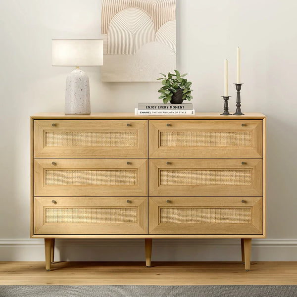 Eyythung Rattan 6 Drawer Dresser Modern Closet Dressers of Drawers Boho Dresser Chest Wood Storage Drawer Organizer for Living Room Bedroom Entryway